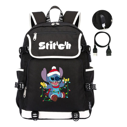 Anime Star Baby Stitch Printed Usb Student Backpack For Men And Women's Leisure Travel Backpack