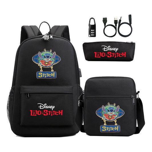 Interstellar Baby Stitch Usb Password Lock Youth Student Backpack 3-piece Set For Men And Women Backpacks