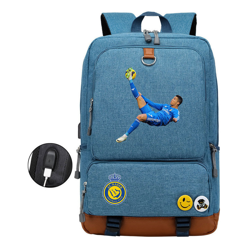 Football Star Cristiano Ronaldo Printed Usb Youth Student Backpack For Leisure Travel Backpack