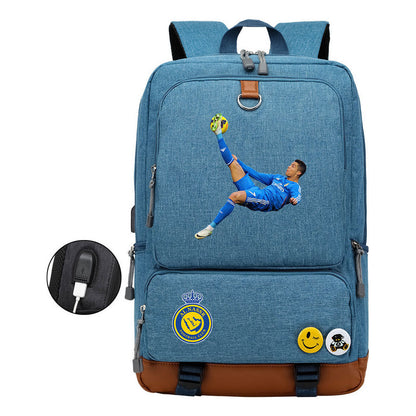 Football Star Cristiano Ronaldo Printed Usb Youth Student Backpack For Leisure Travel Backpack