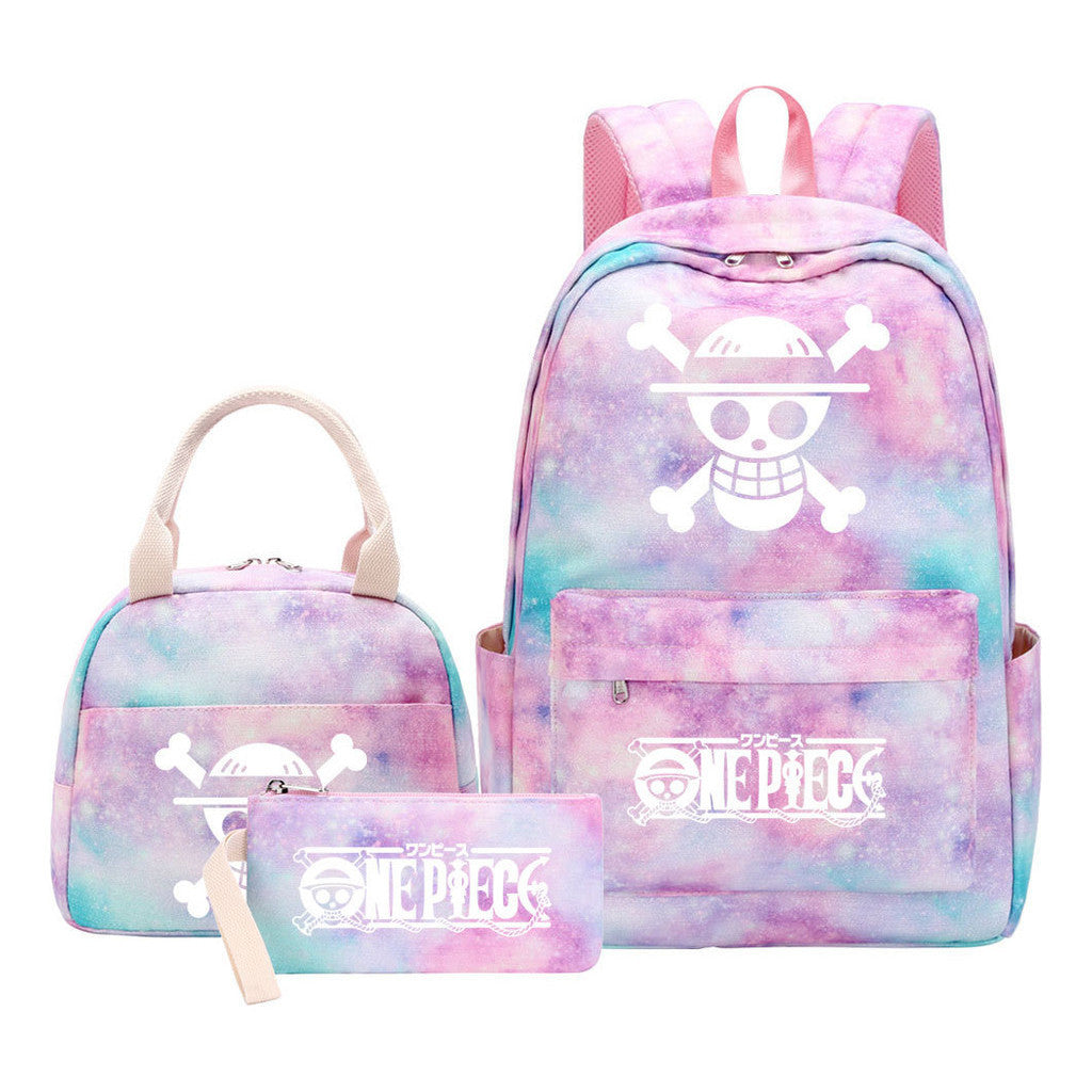 Cartoon Pirate King Youth Student Girls School Bag Lunch Bag Three Piece Set Backpack Set