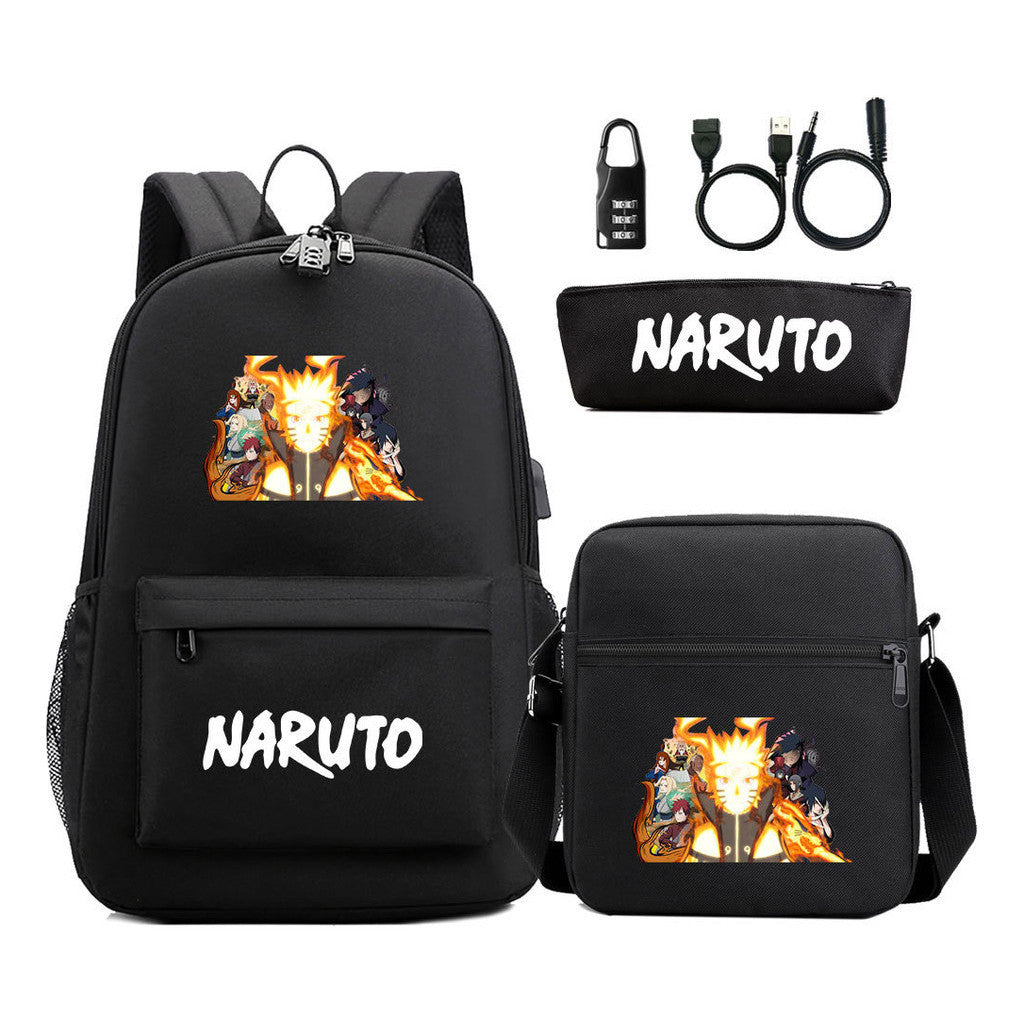 Naruto Usb Password Lock Youth Student Backpack Three Piece Set For Men And Women Backpack Set