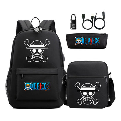 Cartoon Pirate King Usb Password Lock Youth Student School Bag Three Piece Set For Boys And Girls Backpack Set