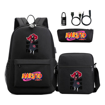 Naruto Usb Password Lock Youth Student Backpack Three Piece Set Backpack Set