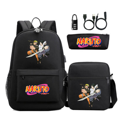 Naruto Usb Password Lock Youth Student Backpack Three Piece Set For Men And Women Backpacks