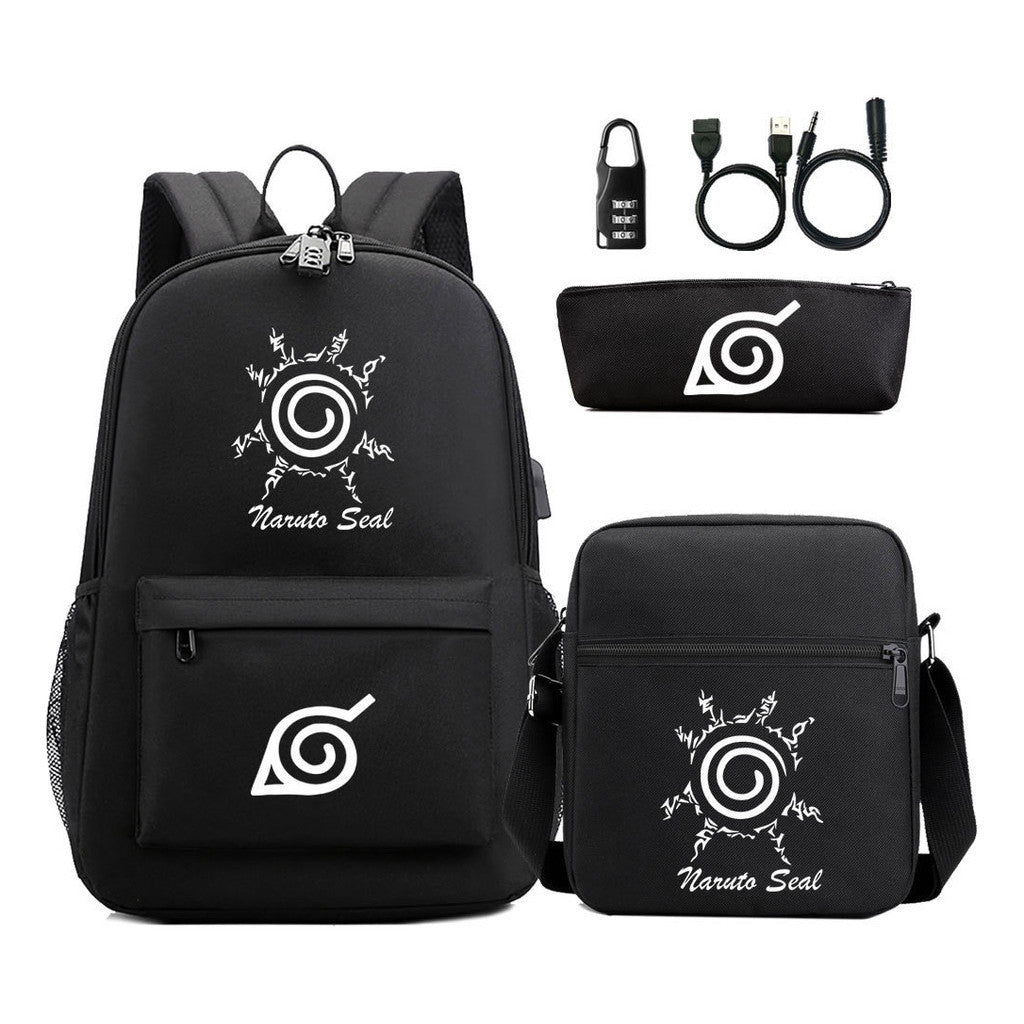 Fashionable Naruto Usb Password Lock Youth Student School Bag Three Piece Backpack Set