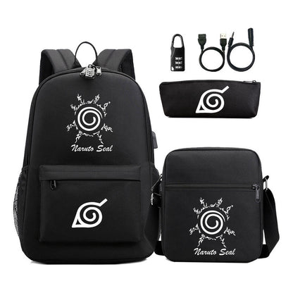 Fashionable Naruto Usb Password Lock Youth Student School Bag Three Piece Backpack Set