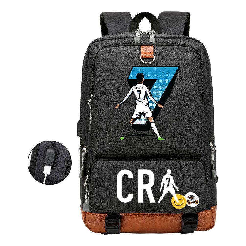Football Star Cristiano Ronaldo Printed Usb Youth Primary And Secondary School Backpack For Boy And Girl's Leisure Travel Backpack