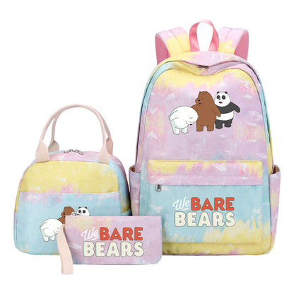 Cartoon Cute Three Bears Youth Student Girls School Bag Lunch Bag Three Piece Set Backpack Set