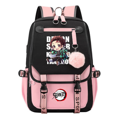 Cartoon Fashion Usb Youth Student Backpack Boy's And Girl's Leisure Ribbon Flip Backpack