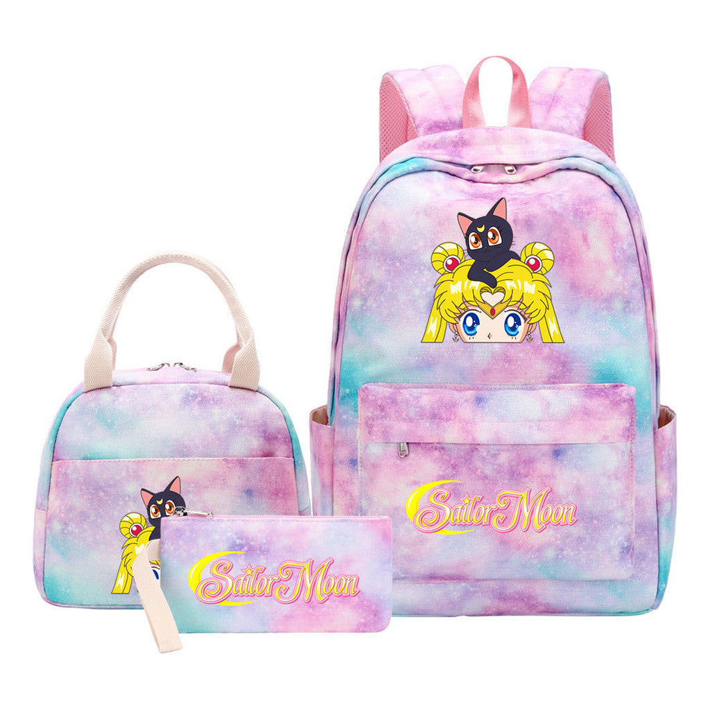 Anime Beauty Girl Warrior Youth Student Girl Schoolbag Lunch Bag Three Piece Set Backpack Set