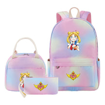 Anime Beauty Girl Warrior Student Girls School Bag Lunch Bag Three Piece Set Backpack Set