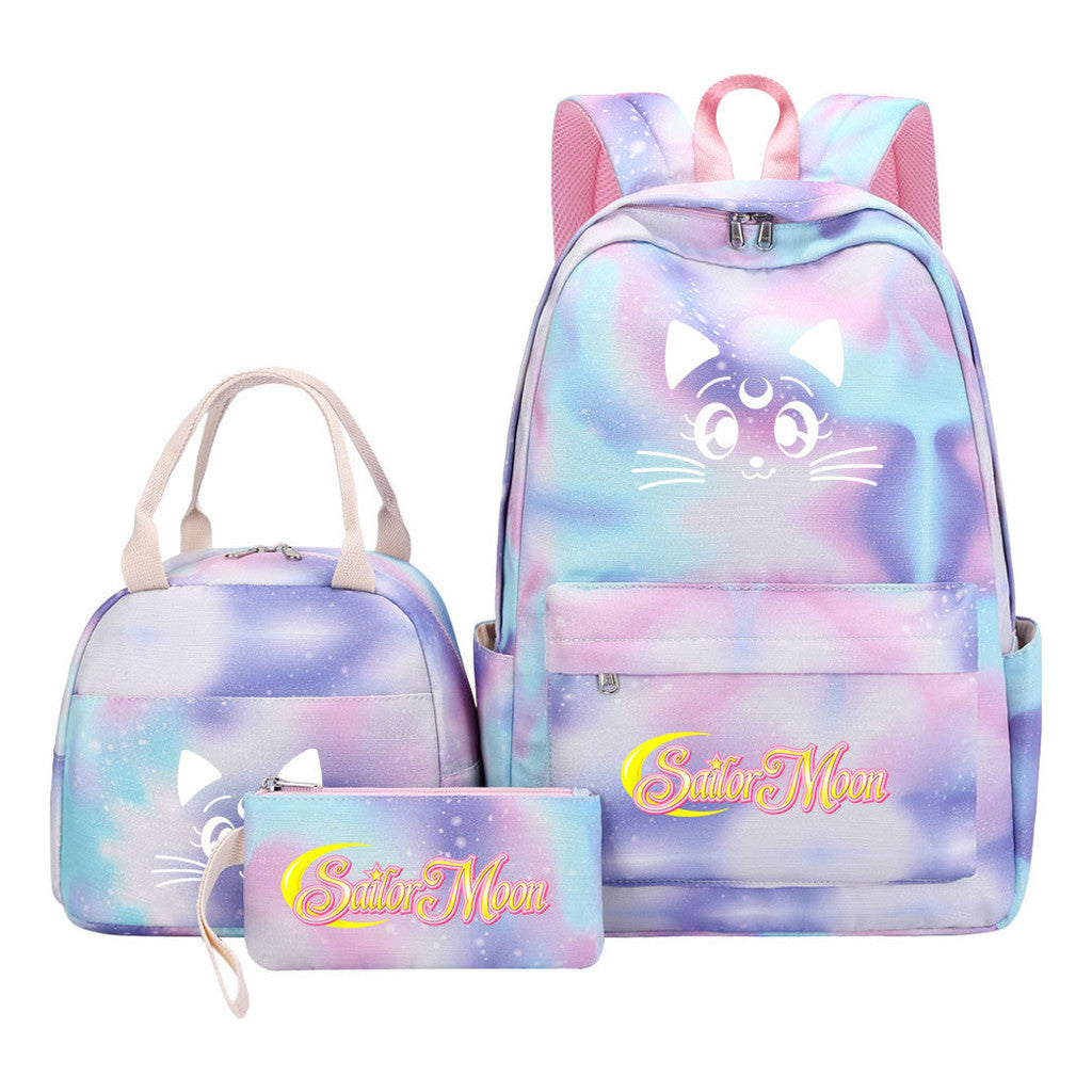 Beautiful Girl Warrior Student Schoolbag Lunch Bag Three Piece Set Backpack Cover