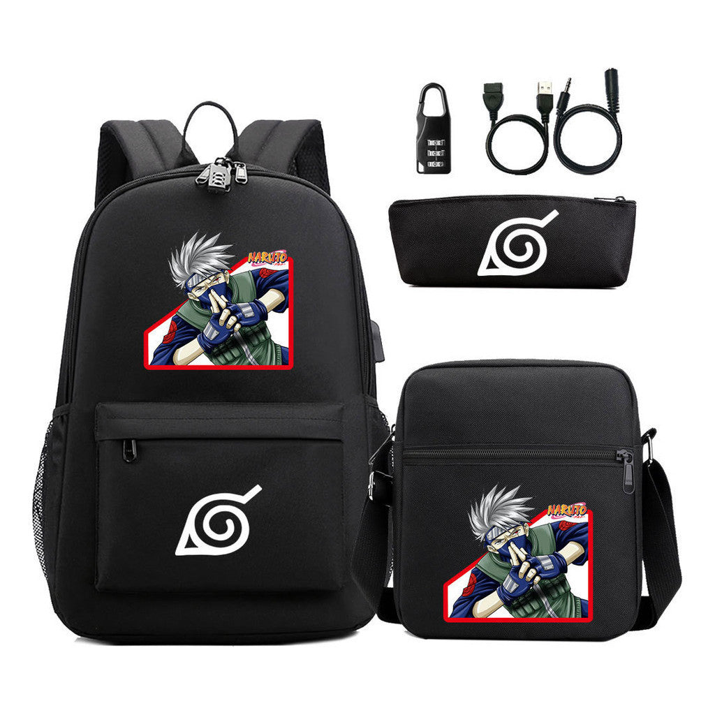 Naruto Usb Password Lock Backpack Three Piece Set For Men And Women Backpack Set