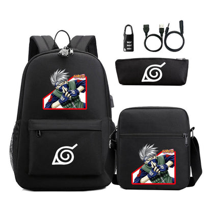Naruto Usb Password Lock Backpack Three Piece Set For Men And Women Backpack Set