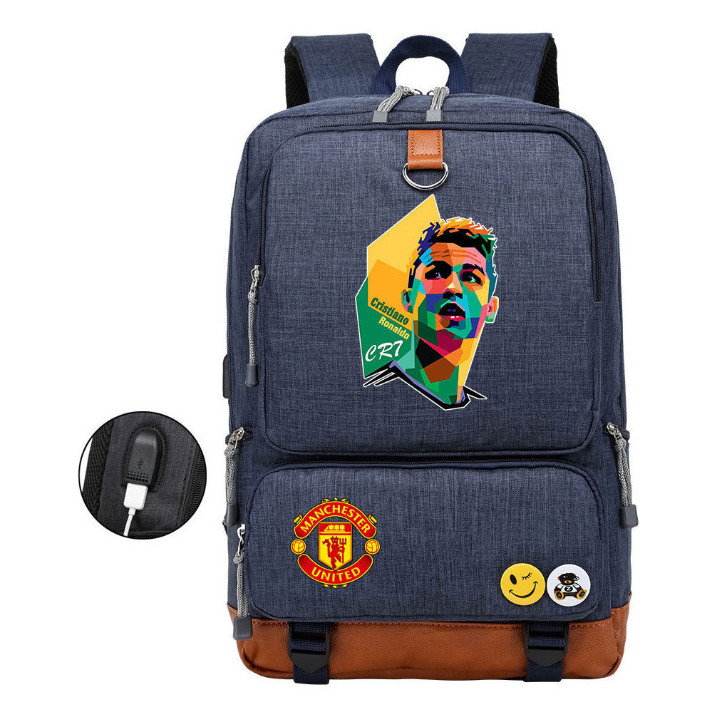Football Star Cristiano Ronaldo Printed Usb Youth Student Backpack For Boys And Girls Leisure Travel Backpack