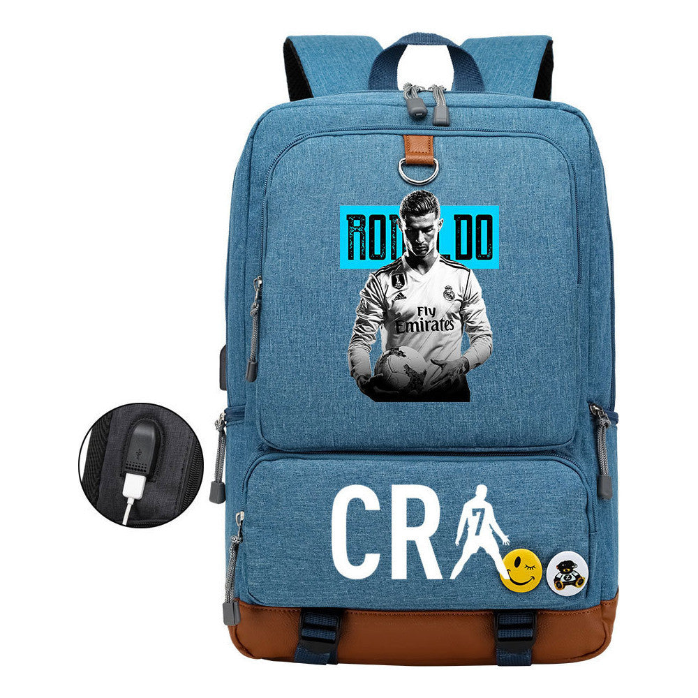 Football Star Cristiano Ronaldo Printed Usb Youth Primary And Secondary School Backpack For Boy And Girl's Leisure Travel Backpack