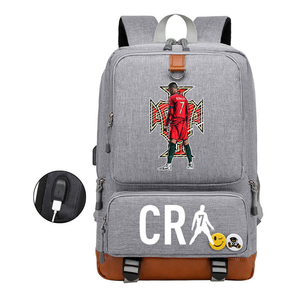 Football Star Cristiano Ronaldo Printed Usb Youth Primary And Secondary School Backpack For Boy And Girl's Leisure Travel Backpack
