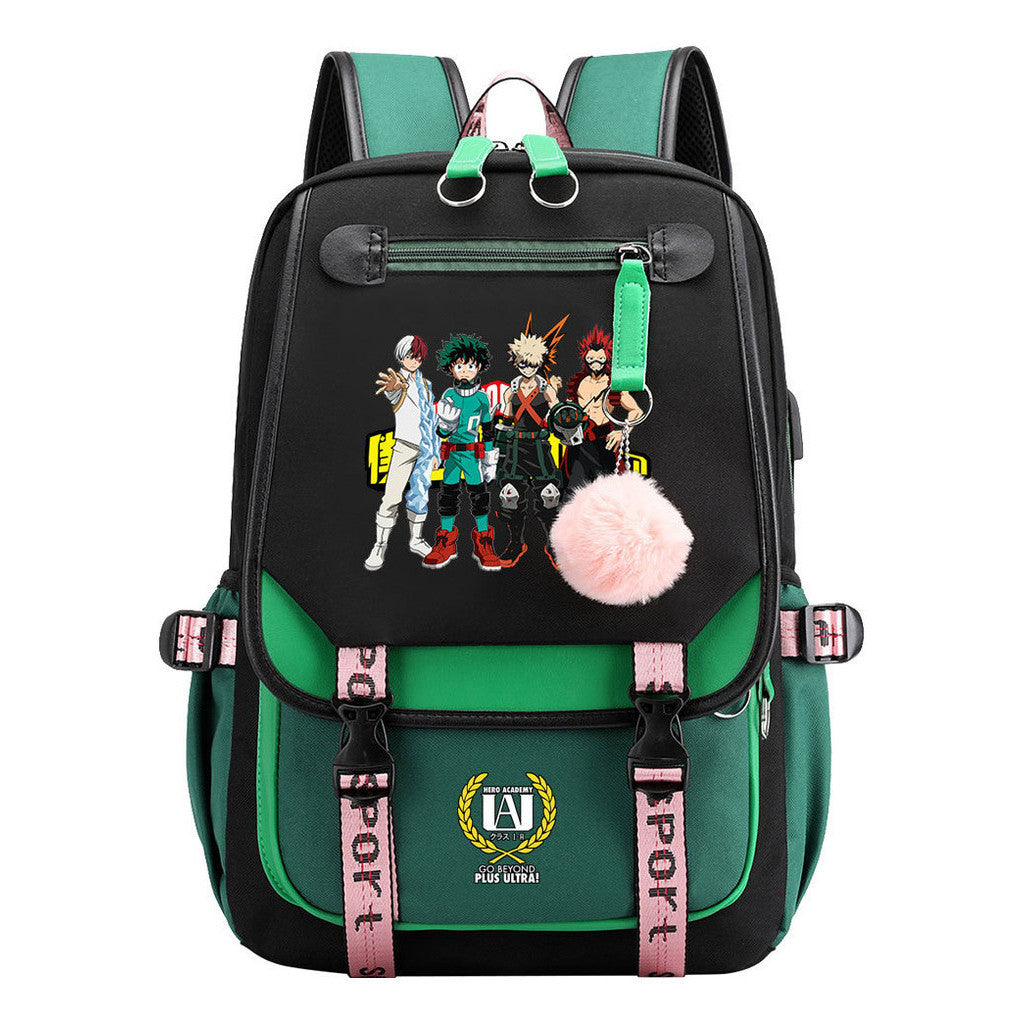 Comics My Heroes Academy Usb Student Backpack Casual Ribbon Flip Backpack