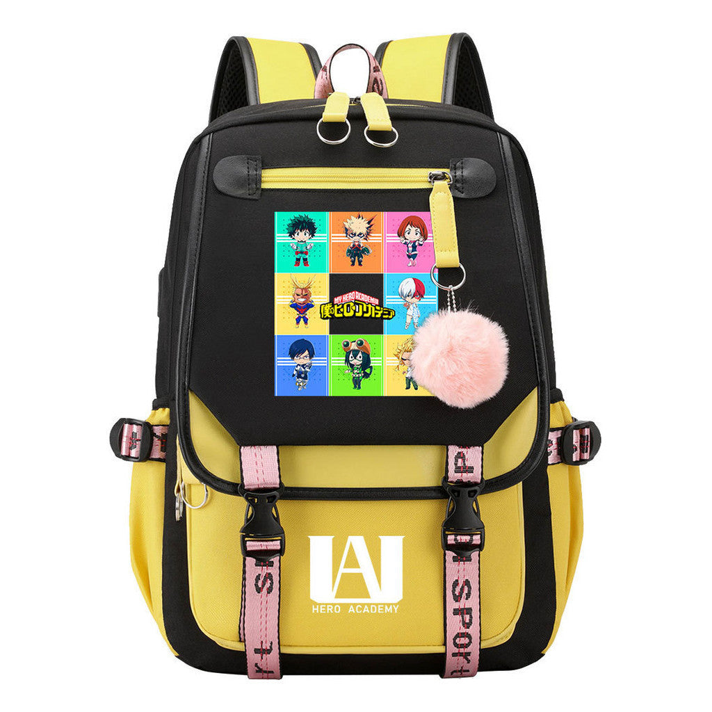 Comics My Heroes Academy Usb Student Backpack Casual Ribbon Flip Backpack