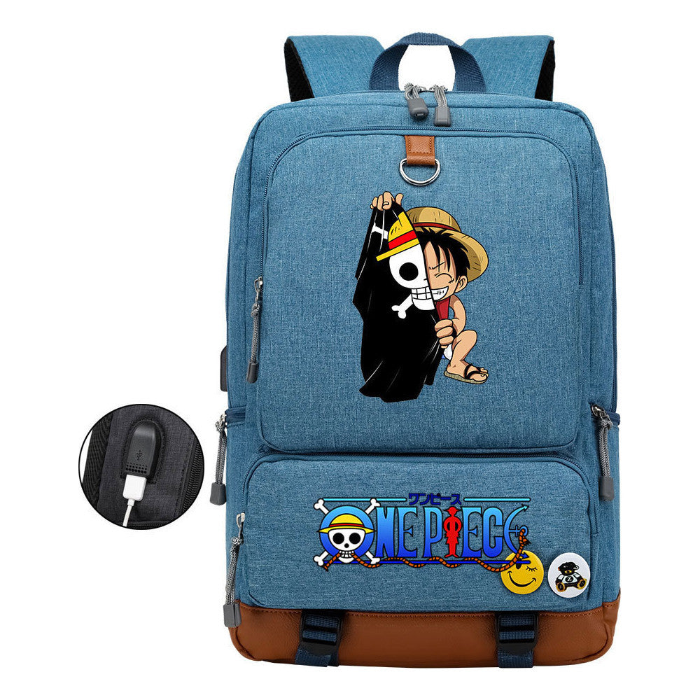 Cartoon Pirate King Print Usb Youth Backpack For Boys And Girls Leisure Travel Backpack