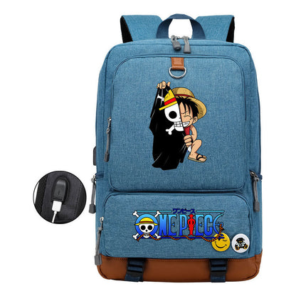Cartoon Pirate King Print Usb Youth Backpack For Boys And Girls Leisure Travel Backpack