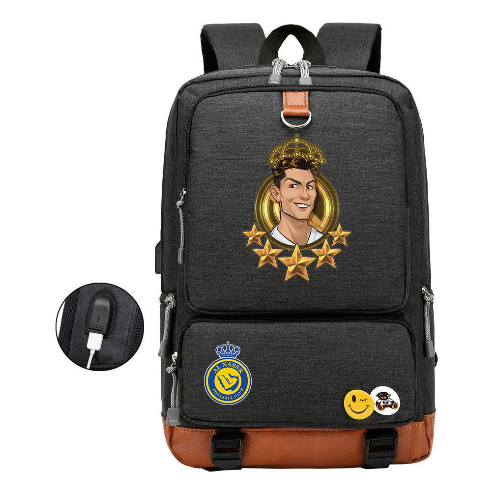 Football Star Cristiano Ronaldo Printed Usb Youth Student Backpack For Leisure Travel Backpack
