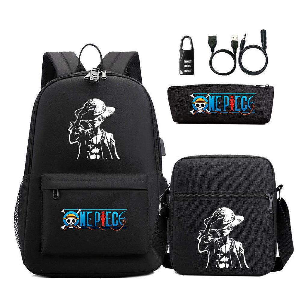 Cartoon Pirate King Usb Password Lock Youth Student School Bag Three Piece Set For Boys And Girls Backpack Set