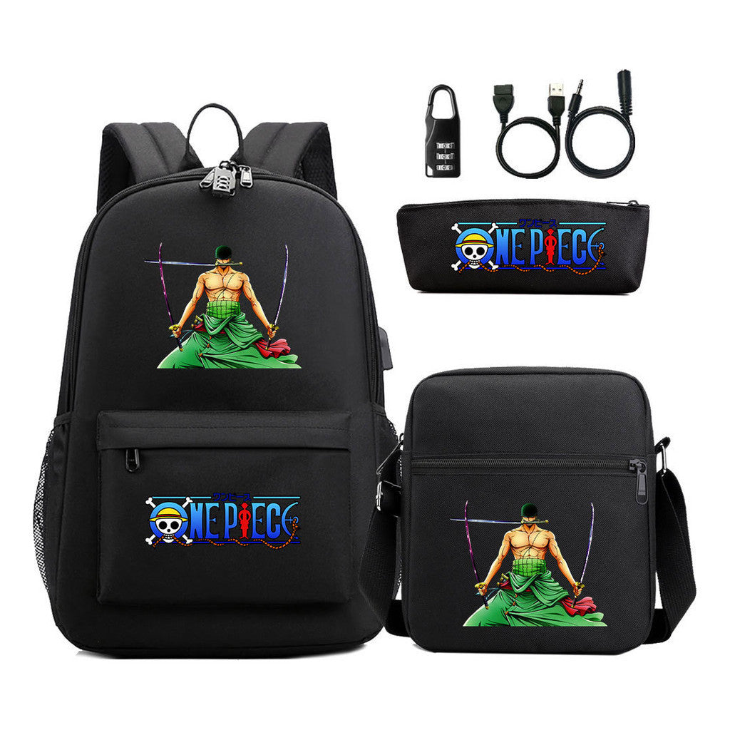 Cartoon Pirate King Usb Password Lock Youth Student Backpack Three Piece Set Backpack