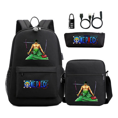 Cartoon Pirate King Usb Password Lock Youth Student Backpack Three Piece Set Backpack