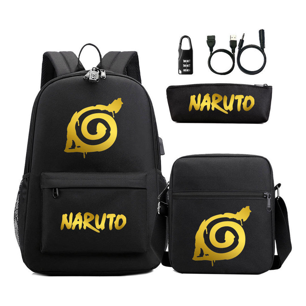Golden Naruto Usb Password Lock Teenage Student School Bag Three Piece Backpack Set