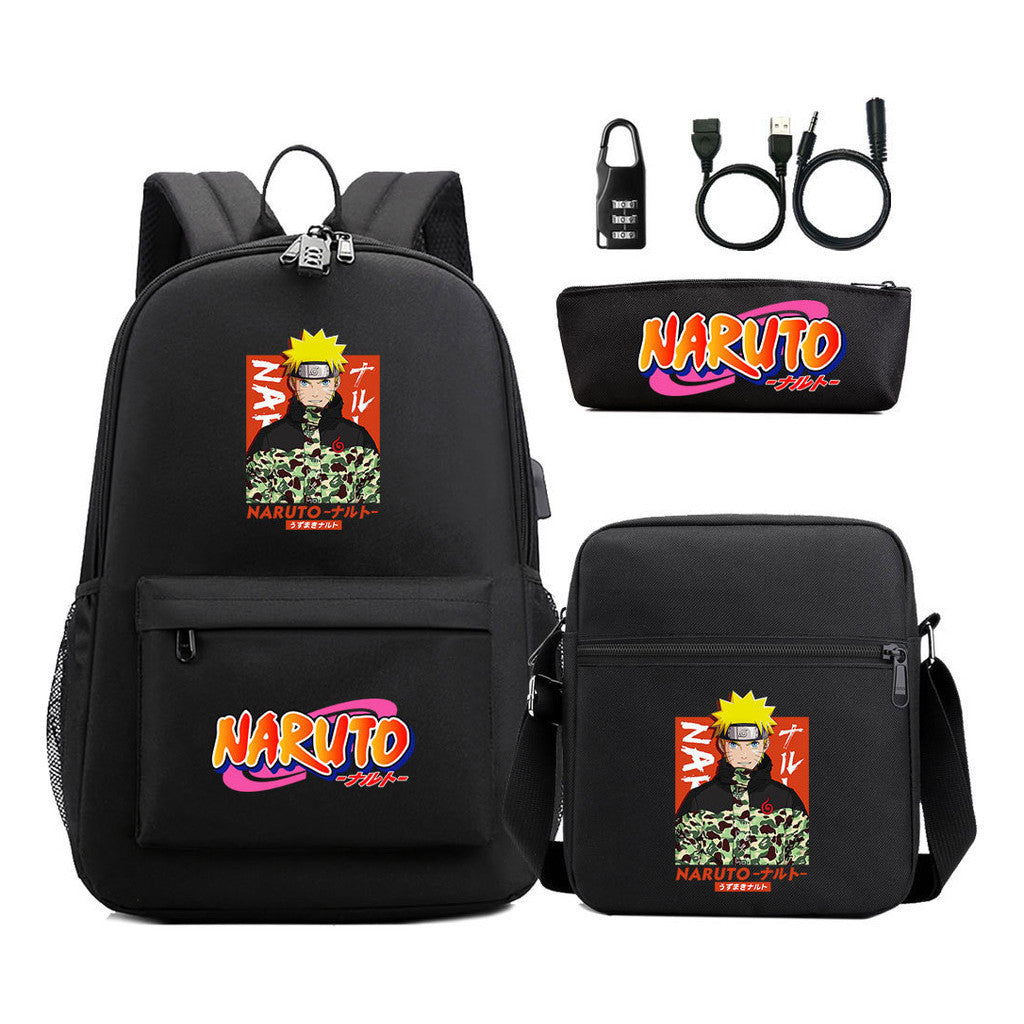 Naruto Usb Password Lock Youth Student Backpack Three Piece Set Backpack Set