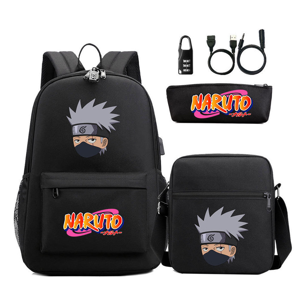 Naruto Usb Password Lock Youth Student Backpack Three Piece Set For Men And Women Backpacks