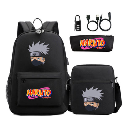 Naruto Usb Password Lock Youth Student Backpack Three Piece Set For Men And Women Backpacks