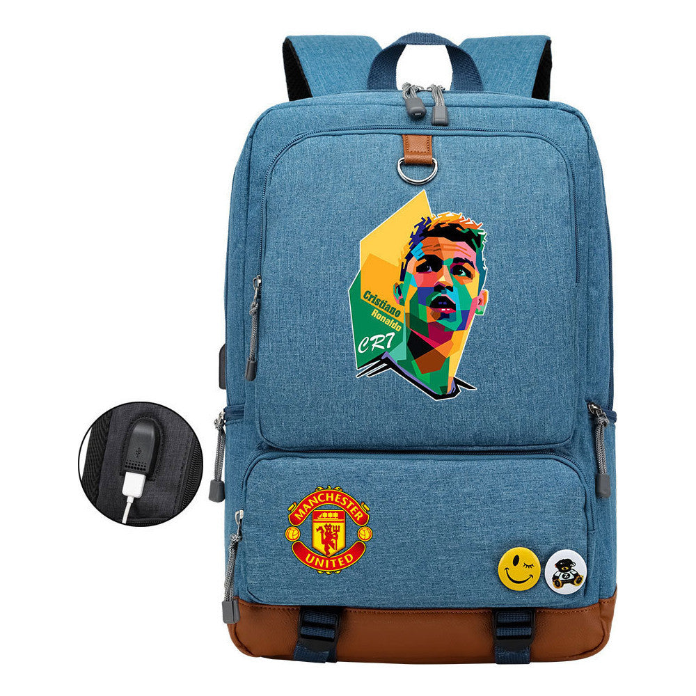 Football Star Cristiano Ronaldo Printed Usb Youth Student Backpack For Boys And Girls Leisure Travel Backpack