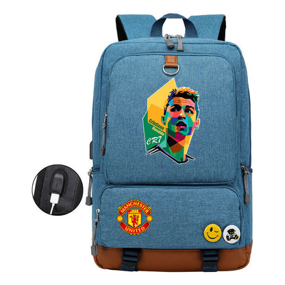 Football Star Cristiano Ronaldo Printed Usb Youth Student Backpack For Boys And Girls Leisure Travel Backpack