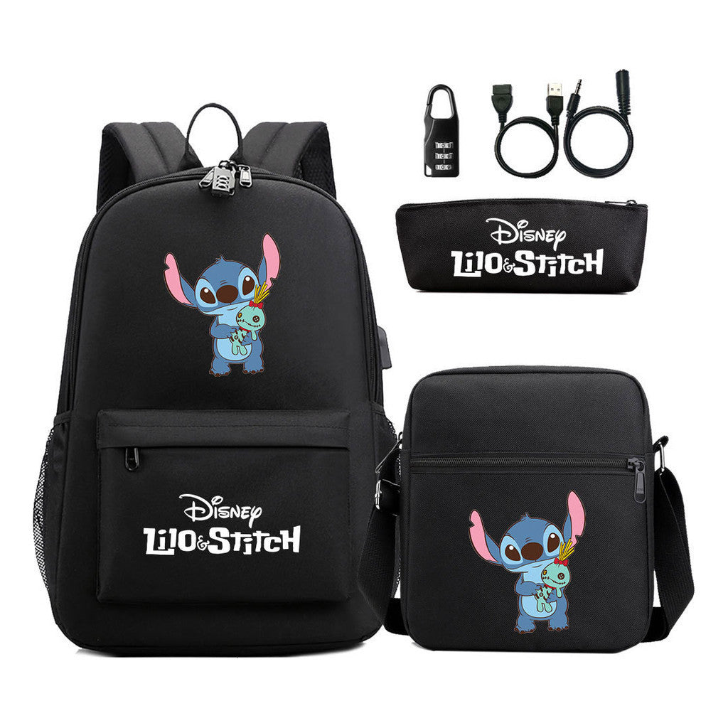 Interstellar Baby Stitch Usb Password Lock Youth Backpack 3-piece Set For Men And Women Backpacks