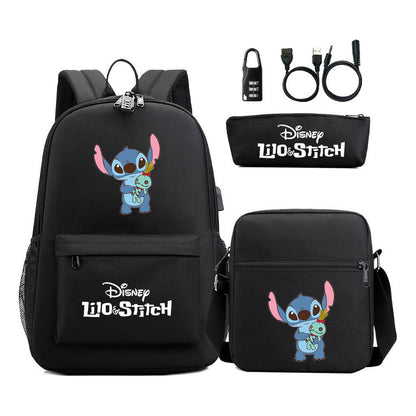 Interstellar Baby Stitch Usb Password Lock Youth Backpack 3-piece Set For Men And Women Backpacks