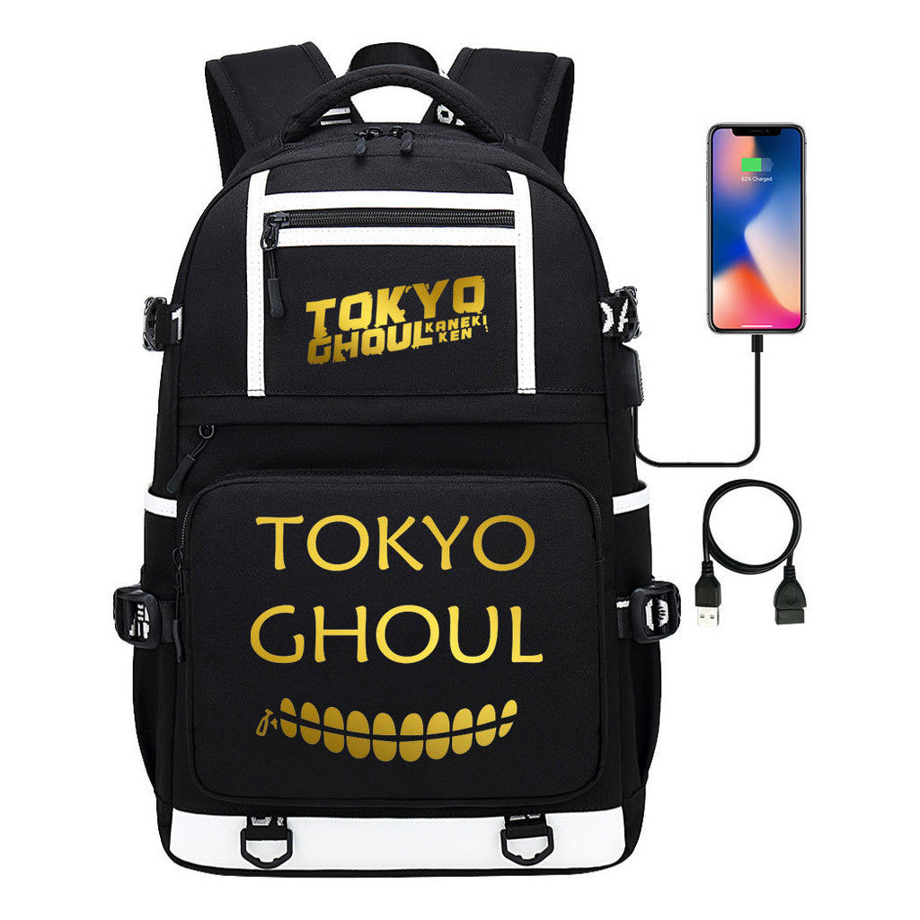 Golden Anime Tokyo Ghoul Print Usb Youth Student Backpack For Men And Women Leisure Travel Backpack