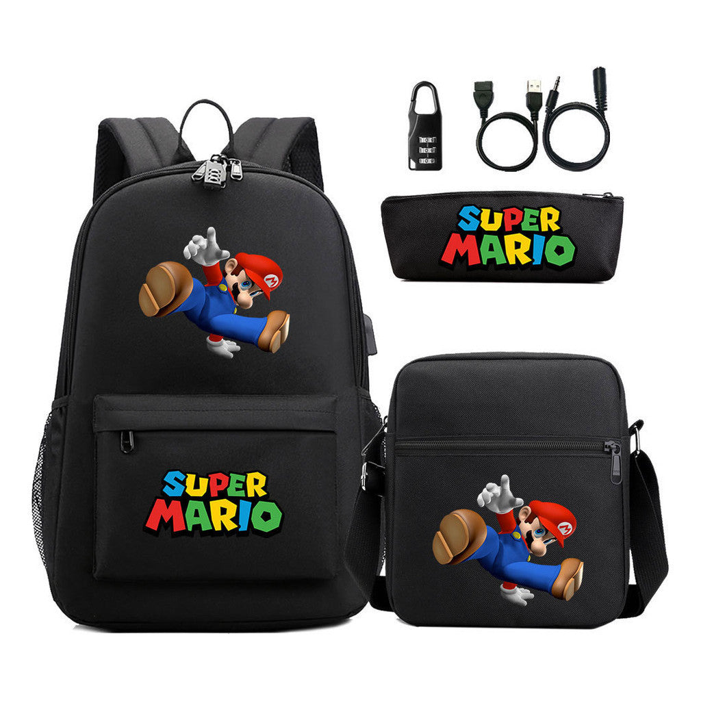 Super Mario Usb Password Lock Youth Student Backpack 3-piece Set For Men And Women Backpacks