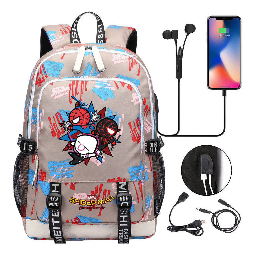Superhero Printed Youth Primary And Secondary School Backpack Usb Men's And Women's Leisure Backpack