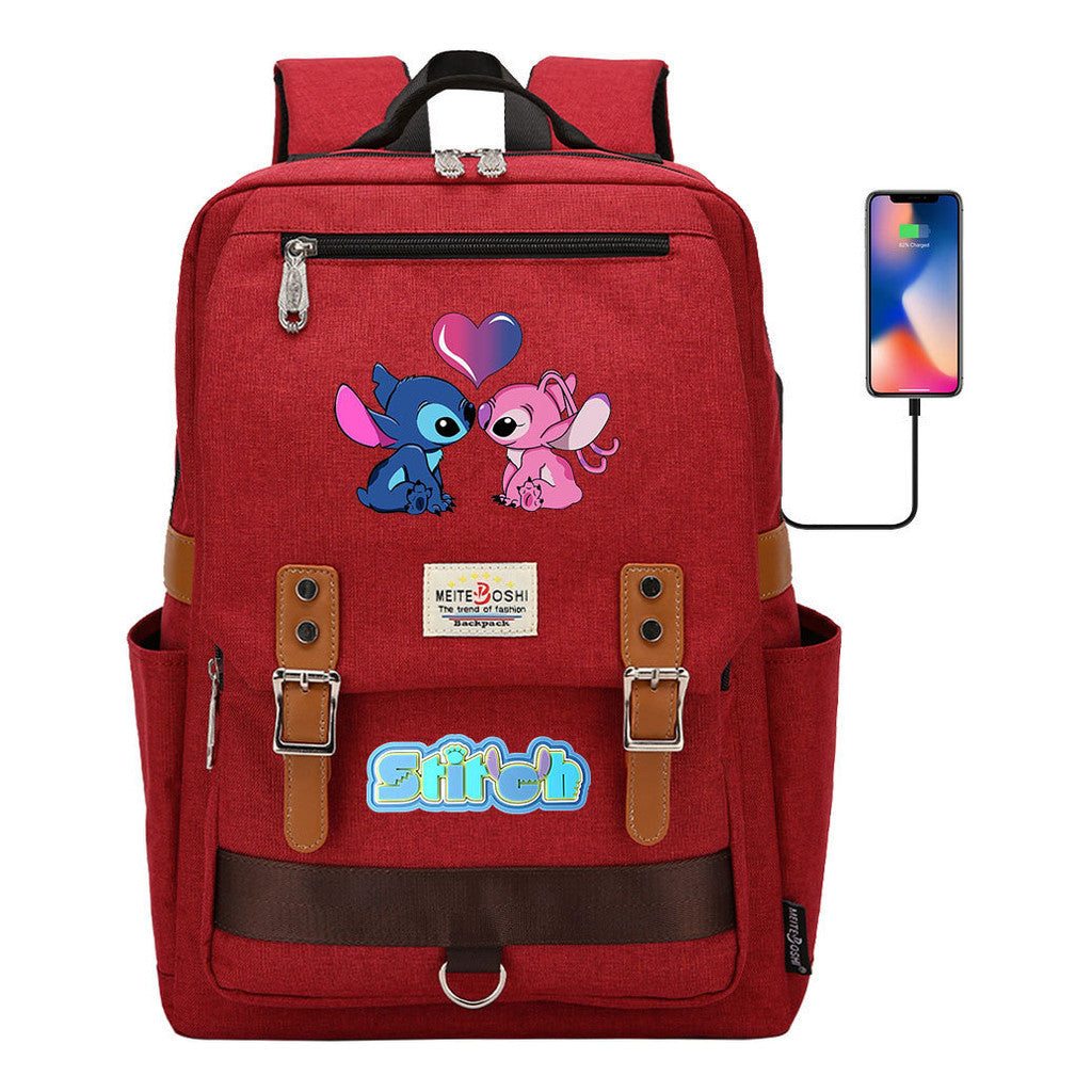 Anime Star Baby Stitch Printed Youth Student School Bag Casual Magnetic Buckle Backpack