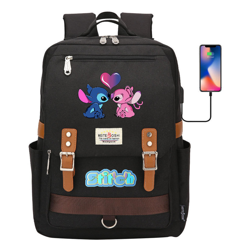Anime Star Baby Stitch Printed Youth Student School Bag Casual Magnetic Buckle Backpack