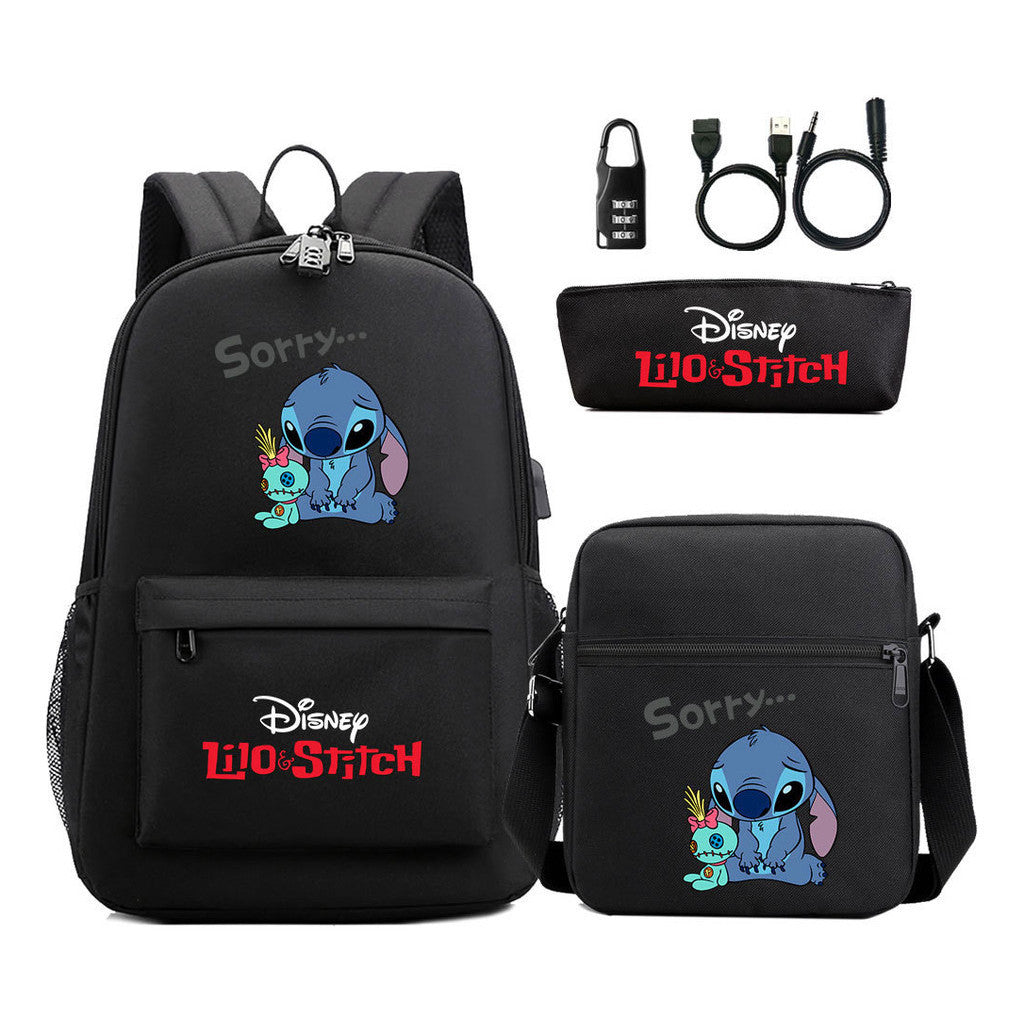 Interstellar Baby Stitch Usb Password Lock Youth Student Backpack 3-piece Set For Men And Women Backpacks
