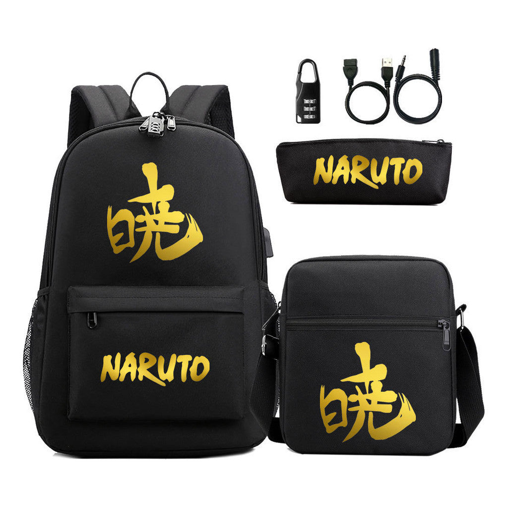 Golden Naruto Usb Password Lock Teenage Student School Bag Three Piece Backpack Set