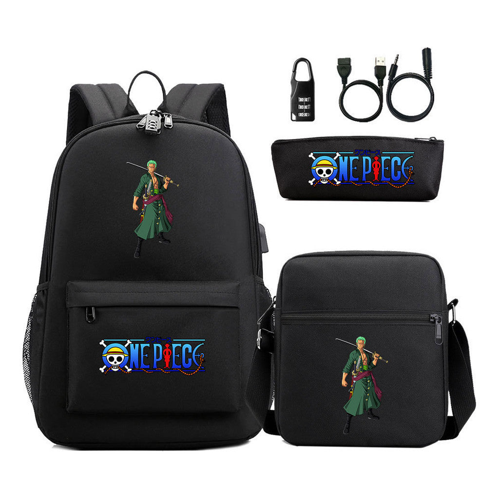 Cartoon Pirate King Usb Password Lock Youth Student Backpack Three Piece Set Backpack