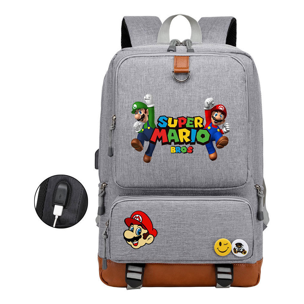 Super Mario Printed Usb Youth Student Backpack For Leisure Travel Backpack