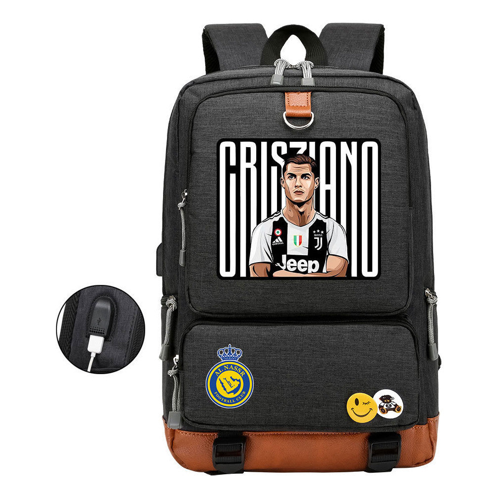 Football Star Cristiano Ronaldo Printed Usb Youth Student Backpack For Leisure Travel Backpack