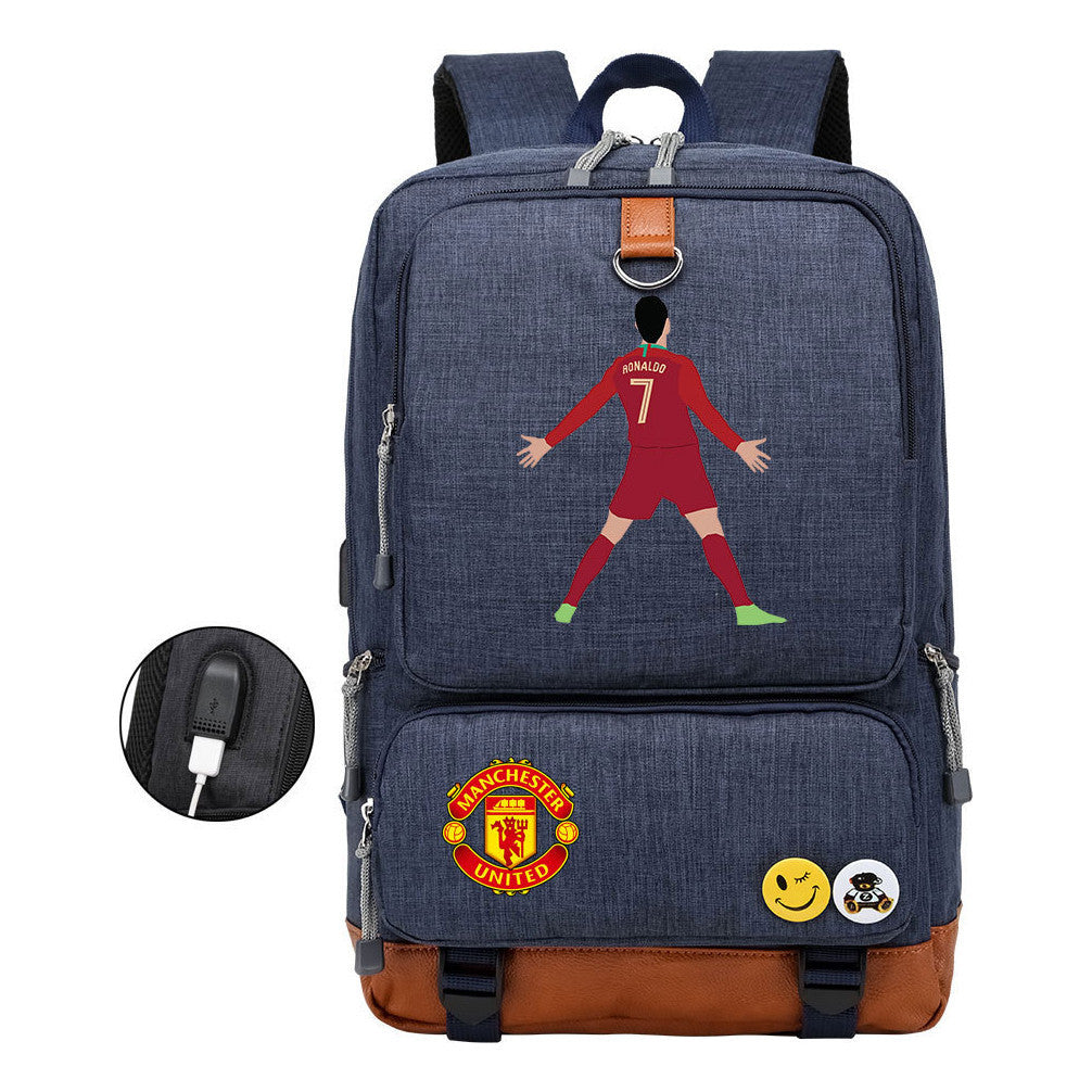 Football Star Cristiano Ronaldo Printed Usb Youth Student Backpack For Leisure Travel Backpack