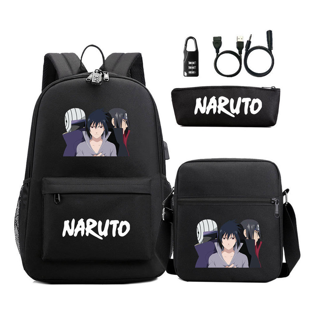 Naruto Usb Password Lock Youth Student Backpack Three Piece Set For Men And Women Backpack Set